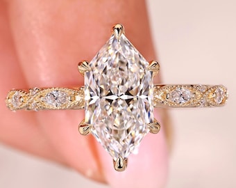 Dutch Marquise Engagement Ring Gold - Vintage Lab Grown Diamond Ring - Accent Marquise/Round Diamonds - IGI Certificate Included