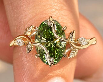 Oval Cut Green Diamond Engagement Ring, Bypass Nature-Inspired Wrapping Vine Wedding Ring, Leaf and Branches, Fancy Colored Diamond Jewelry