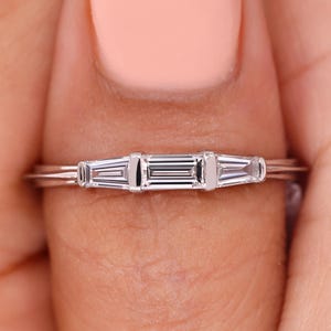 Lab Grown Diamond Baguette Wedding Band: Three Stone White Gold Ring