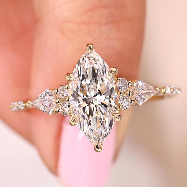 Vintage Marquise Lab Grown Diamond Ring, Muse Engagement Ring with Kite and Round Diamonds, 1 to 5 Carat Marquise Cut Wedding Ring for Women