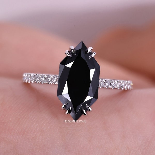 Dutch Marquise Engagement Ring - 2.50ct Hexagon Shape Black Moissanite Wedding Ring for Women - Pave and Hidden Halo with Double Claw Prongs