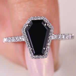 1.70 CT Coffin Cut Black Moissanite Ring, Halo Engagement Ring, Unique Wedding Ring, Black Coffin Ring For Anniversary Gift, White Gold Ring