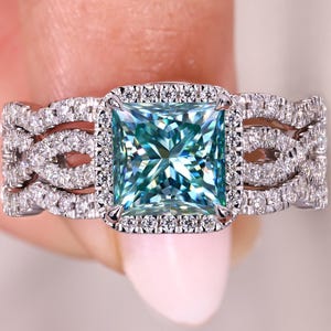 Cyan Blue Moissanite Bridal Set Princess Cut Blue Moissanite Engagement Ring Enhancer and Wrap Guard Ring Twisted Ring, 2.80 CTW Moissanite