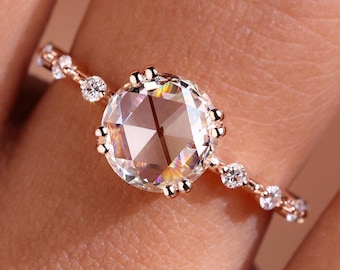 1.15 CT Rose Cut Diamond Ring, Round Rose Cut Lab Grown Diamond Engagement Ring, Floating Bubble Distance Pave Diamond Wedding Ring, Antique