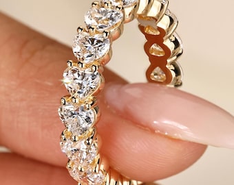 Heart Diamond Eternity Anniversary Ring for Her, Antique Cut Lab Grown Diamond Wedding Band Shared Prongs
