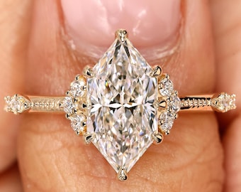 Antique Dutch Marquise Engagement Ring With Side Stones, IGI Certified Lab Grown Diamond Promise Ring, Wedding Marriage Ring for Women, Gift
