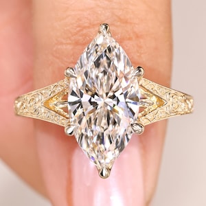 Pierścionek zaręczynowy z diamentami laboratoryjnymi Marquise, zestaw tulipanów w stylu vintage, filigranowa obrączka z grawerunkiem, wyjątkowa obrączka ślubna dla niej