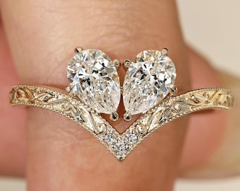 Toi Et Moi Engagement Ring, Pear Cut Lab Grown Diamond Ring, Curved Engraved Ring, Unique Promise Ring for Women, Daily Wear Comfort Fit