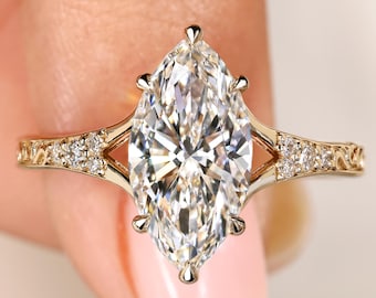 Marquise Engagement Ring 10k 14k 18k Gold, IGI Certified Lab Grown Diamond Ring, Hand Engraved Split Shank Band
