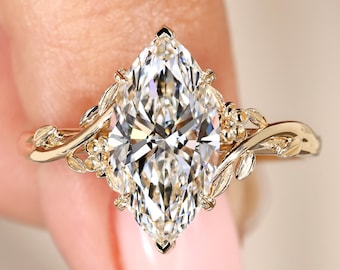 Marquise Lab Diamond Engagement Ring Side Gold Leaf and Flower, Comfort Nature-Inspired Wedding Ring, Bypass Setting, Promise Ring for Her