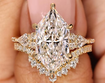 Vintage Dutch Marquise Wedding Ring Sets, 1 to 5 CT Antique Lab Grown Diamond Ring with Curved Matching Band, Accent Round and Kite Diamonds