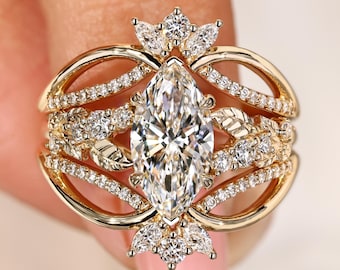 Victorial Engagement Ring with Enhancer, Marquise Cut Lab Grown Diamond Ring in Nature Inspired Setting, Unique Wedding Bridal Sets