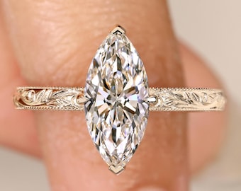 Hand Engraved Engagement Ring Marquise Lab Grown Diamond Wedding Ring Marriage Proposal Ring for Her Art Deco Hidden Halo Ring IGI Certified