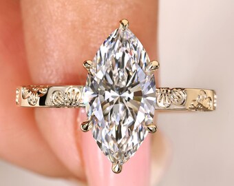 Marquise Cut Lab Grown Diamond Engraved Engagement Ring, 3 Side Flower Nature Inspired Ring, Six Prong, Most Unique Anniversary Gift for Her