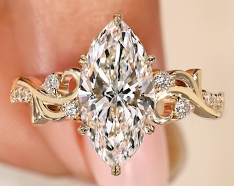 Marquise Engagement Ring Fantasy Style, 1 to 3 CT Lab Grown Diamond Wedding Ring, Accent Round Diamonds Leaf Prong, Solid Gold Proposal Ring