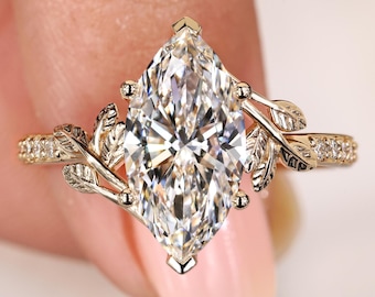 Nature Inspired Leaf Engagement Ring, V Prong Marquise Cut Lab Grown Diamond Ring, Bypass Setting Wedding Ring, Unique Anniversary Gift