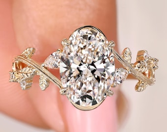 Oval Lab Grown Diamond Nature Engagement Ring, Twig Wedding Ring, Accent Leaf-Branches and Pear Lab Diamond, IGI Certified, 10k 14k 18k Gold
