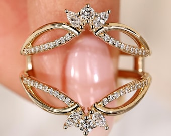 Open Gap Curved Wedding Ring Enhancer, Round Marquise Lab Grown Diamond Wrap Guard, Chevron Stacking Rings, Unique Anniversary Gift for Her