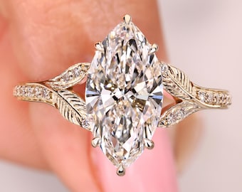 Excellent Marquise Lab Grown Diamond Ring, Nature Inspired Leaf Engagement Ring, IGI Certified 1 to 3 CT Marquise Cut Diamond Wedding Ring