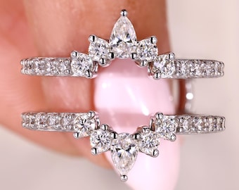 Ring Guard Enhancer Wrap, Round and Pear Moissanite Wedding Band, Enhancer for Oval cut and Round cut Ring, Curved Matching Band, Joint Band