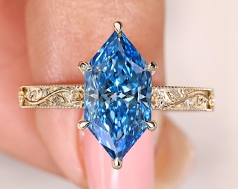Blue Dutch Marquise Lab Grown Diamond Engagement Ring, Birth Flower Engraved Wide Band, Nature-Inspired Wedding Ring, IGI Certified Diamond