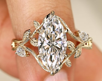 Marquise Cut Lab Grown Diamond Fairy Engagement Ring, Twisted Split Shank, Nature Inspired Motif Wedding Ring, Personalized Anniversary Gift