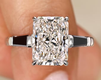 Radiant Lab Grown Diamond Ring Side Tapered Baguette Black Moissanite, Three Stone Engagement Ring, IGI Certified 1 to 3 CT Radiant Cut Ring
