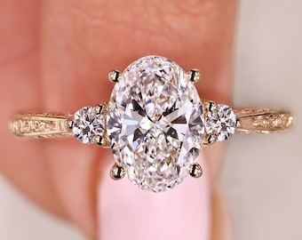 Art Deco Engraved Engagement Ring, Oval and Round Lab Grown Diamond Three Stone Ring, Vintage Filigree Wedding Ring, Promise Ring for Her