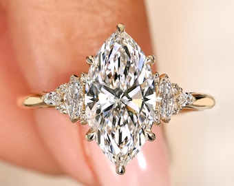 Unique Marquise Engagement Ring with Real Lab-Made Diamonds, Side Stone Muse Setting, Cluster Wedding Ring for Everyday, Comfort Shank