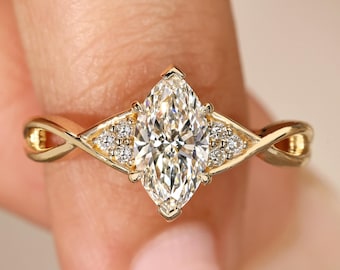 Twisted Shank Engagement Ring with 1 to 3 Carat Marquise Cut Lab Grown Diamond, E Color, VS1 Clarity, IGI Certified Handmade Jewelry