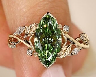 Green Colored Marquise Cut Lab Grown Diamond Ring, Unique Engagement Ring in Nature Inspired Setting, Unique Anniversary Gift for Women
