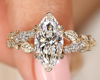 Lab Produced Diamond Ring in Nature Inspired Setting, V Prong Marquise Cut Engagement Ring with Leaf, E Color, VS1 Clarity IGI Certified