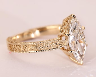Vintage Marquise Cut Lab Grown Diamond Engagement Ring, Flower Engraved Wide Band, 1 to 5 CT Marquise Cut Lab Created Diamond Wedding Ring