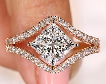 Unique Engagement Ring 2 CT Princess Cut Lab Grown Diamond Ring Split Shank Pave Band Open Setting Rose Gold Proposal Ring Anniversary Gift