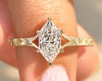 Art Deco Dutch Marquise Lab Grown Diamond Engagement Ring, Split Shank Solitaire Engraved Ring, Antique Cut Diamond, Unique Wedding Gift