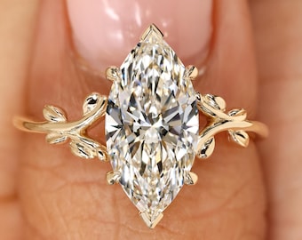 Marquise Lab Created Diamond Engagement Ring in Gold Leaf Nature-Inspired Design, IGI Certified 1 to 3 Carat Marquise Cut Wedding Ring, Gift