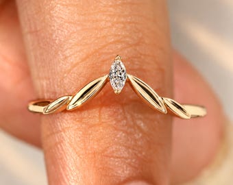 Thin Gold Curved Wedding Band, Marquise Diamond V-Shaped Stacking Band for Low Setting Engagement Rings