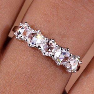 Antique Rose Cut Diamond Wedding Band Five Stone Diamond Band, Unique 4mm Lab Grown Diamond Anniversary Band in Six Prong Setting Bridal Set