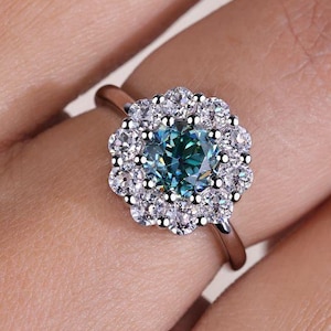 Cluster Halo Engagement Ring, Cyan Blue Old European Cut Round Moissanite Ring, Gifts for Women, Unique Engagement Ring