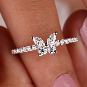 Butterfly Ring Minimalist Engagement Ring Round Marquise Moissanite Promise Rings Everyday Rings for Women Unique Designer Handmade Jewelry