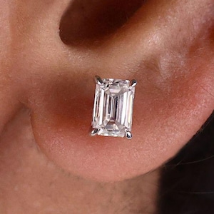 1.23 TW Elongated Emerald Cut Colorless Moissanite Stud Earrings, Solitaire Earrings, Earrings For Gift, Screw Back, Four Claw Prong Earring