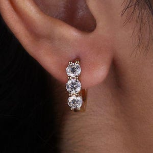 Classic 4 MM Round Cut Moissanite Hoop Earrings, Earrings For Women, 3 Stone Earrings, Gift For Her, Latch Back Earrings, Earrings For Gift