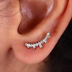 Moissanite Crawler Earrings: Baguette & Round Cut, Half Moon Design