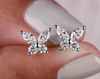 Butterfly Earrings for Gifting, Marquise Round Moissanite Stud Earrings for Daily Wear, Moissanite Studs, Last Minute Gifts