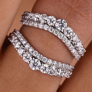 Curved Wedding Band, Double Row Moissanite Band, Ring Enhancer and Wrap for Oval/Round, Unique Ring Jacket, Vintage Ring Guard, Perfect Fit