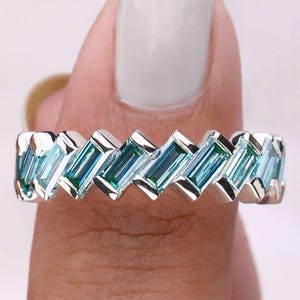 Cyan Blue Baguette Wedding Ring 1.21ctw Moissanite Half Eternity Band Cross Setting Baguette Band Anniversary Gifts for Her Wedding Gifts