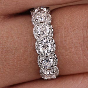 1.39 CTW Cushion Cut Moissanite Band, Round Halo Wedding Band, Square Cushion Half Eternity Band, 7 Stone Band, Stackable Band, Bridal Set