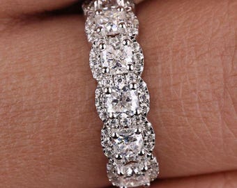 1.39 CTW Cushion Cut Moissanite Band, Round Halo Wedding Band, Square Cushion Half Eternity Band, 7 Stone Band, Stackable Band, Bridal Set