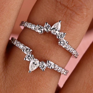 Ring Guard Enhancer Wrap, Round and Pear Moissanite Wedding Band, Enhancer for Oval cut and Round cut Ring, Curved Matching Band, Joint Band