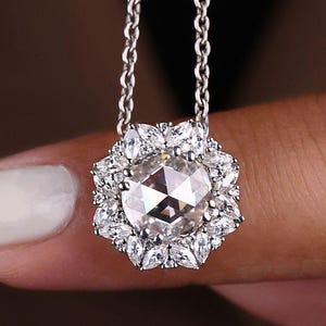Vintage Style Round Rose Cut Moissanite Pendant, Marquise and Round Halo Wedding Pendant, 2.17 TW Flat Cut Moissanite Pendant, Gift For Her